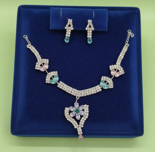 Pastel Petals: Floral Diamond-Cut Necklace and Earrings Set