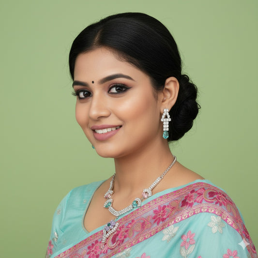 Pastel Petals: Floral Diamond-Cut Necklace and Earrings Set