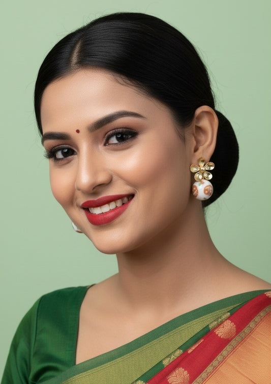 Artisan Blossom: Gold Floral Korean Earrings with Hand-Painted Print Drops