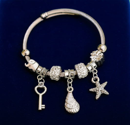 Chic Silver Charm Pandora Style Bracelet with Key, Shell & Starfish