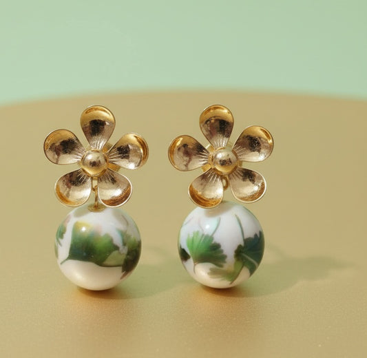 Artisan Blossom: Gold Floral Korean Earrings with Hand-Painted Print Drops